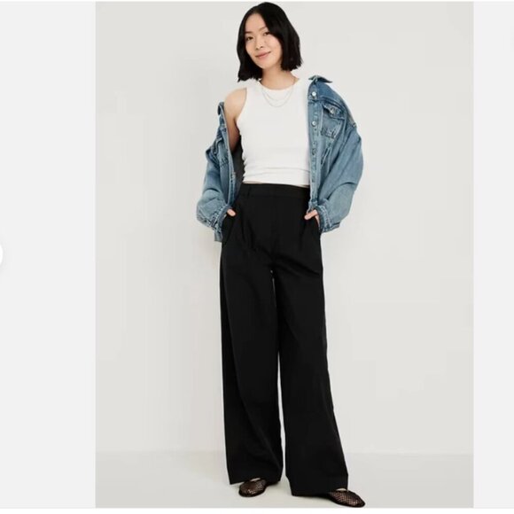 Old Extra High-Waisted Poplin Super Wide-Leg Taylor Pants Black 2 PETITE $50 NWT - Picture 1 of 13